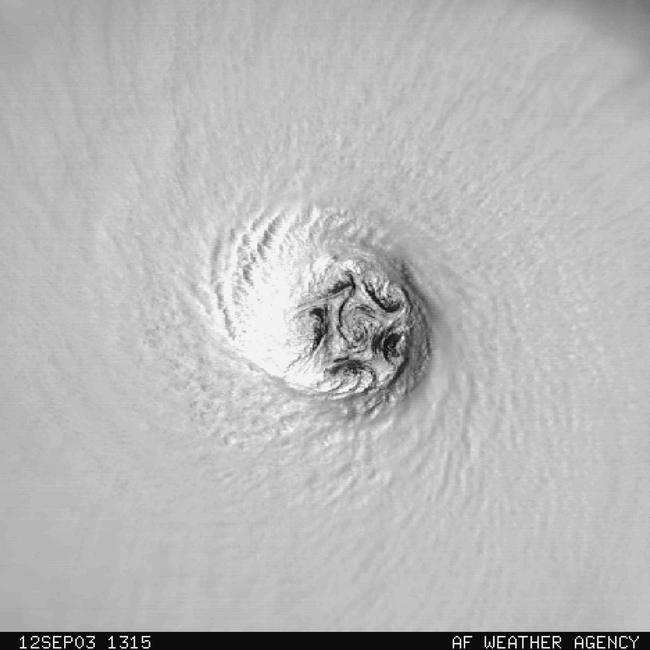 Scientific analysis diagram of Hurricane Isabel's eyewall showing polygonal sub-vortex patterns and geometric structure